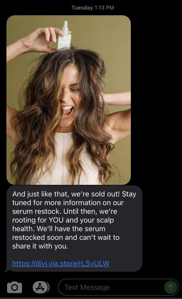 Screenshot of SMS marketing example from Divi, showing a picture of a woman applying a hair care product and a link to an online store.