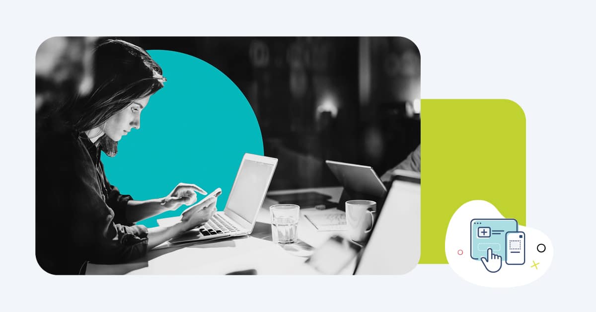 Email sender name best practices illustrated by woman at laptop and icons of software windows