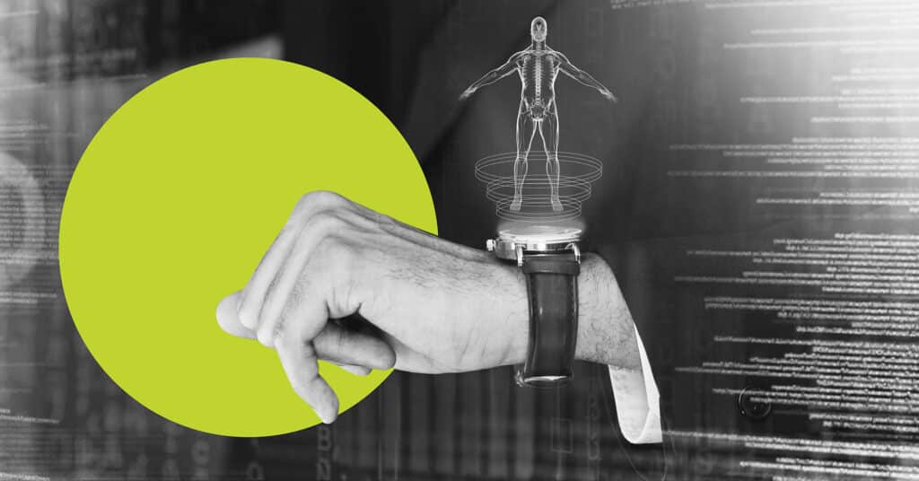 Close up of wristwatch projecting holographic image to illustrate AI in digital marketing.