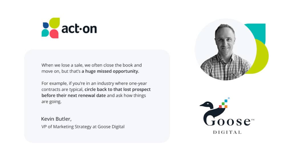 Graphic with headshot and Act-On and Goose Digital logos illustrating the quote, "If you know a prospect is coming to you from a Google ad on a specific topic, like lead scoring, follow up with lead-scoring content rather than hitting them up right away for a demo,” Jeff Day Senior VP of Marketing at Act-On