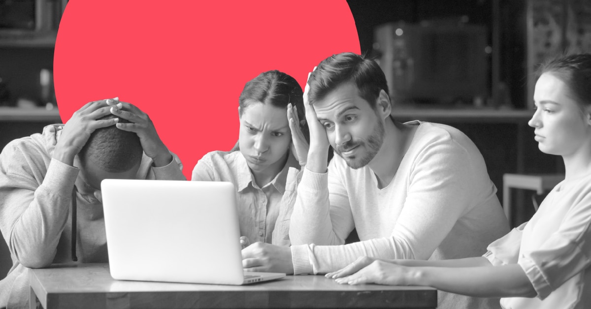 Colleagues discussing bad mail subject lines.