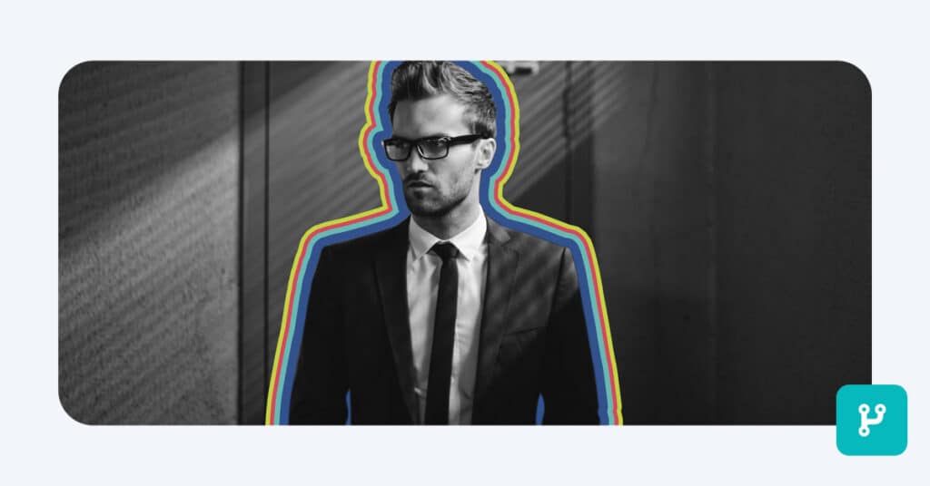 an executive in a suit represented in black and white, outlined in brand colors