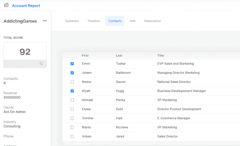Act On account report contacts.