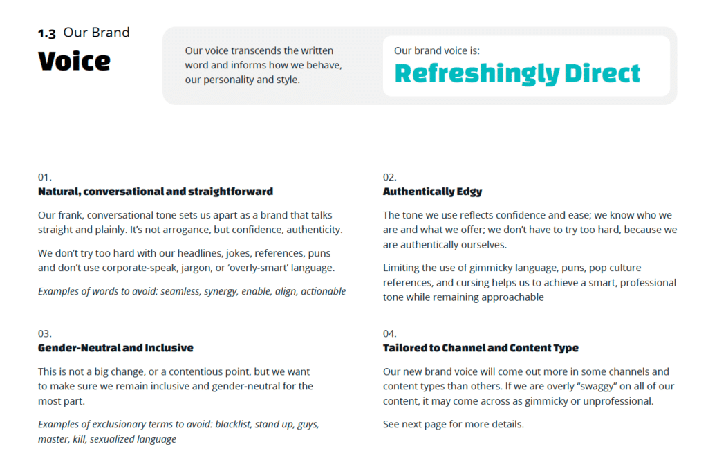Examples of brand voice as one of the key brand elements.