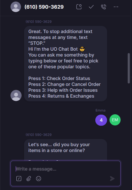 Screenshot of SMS marketing examples from Urban Outfitters, showing a conversation with a chatbot.