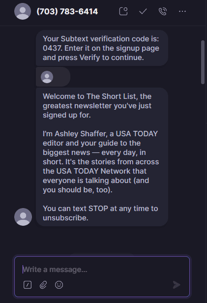 Screenshot of SMS marketing example from USA Today with verification procedure and required STOP to unsubscribe message.