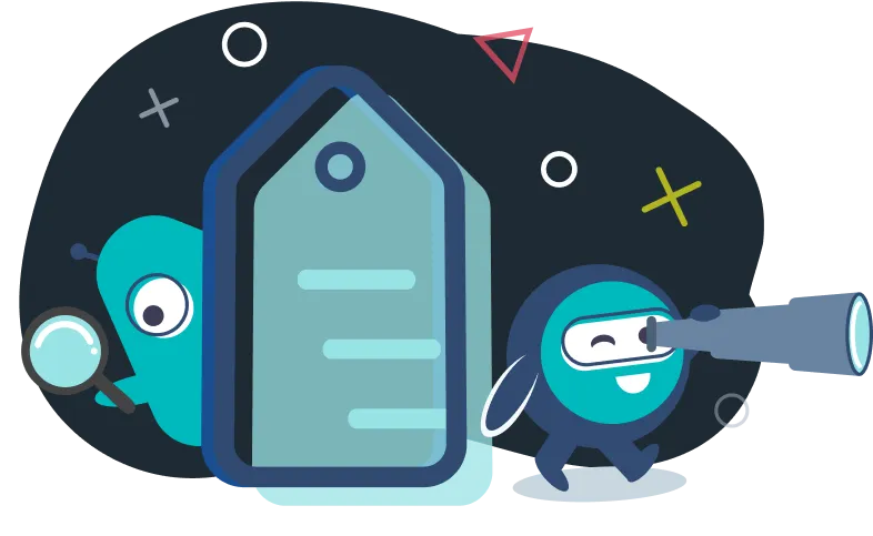 two Act-On cartoon aliens explore with a telescope and a magnifying glass