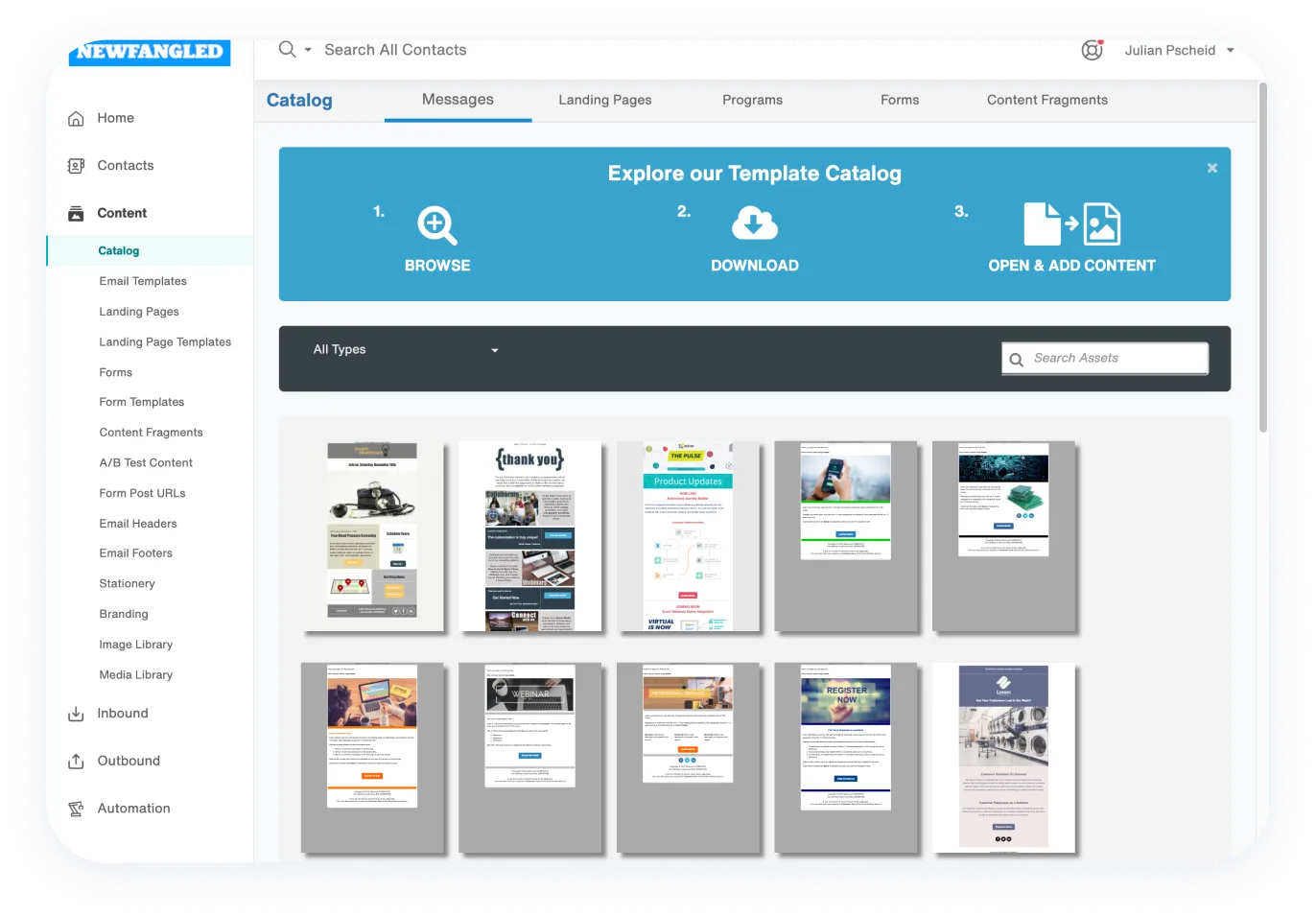 an Act-On platform interface screen shows a menu of available content templates